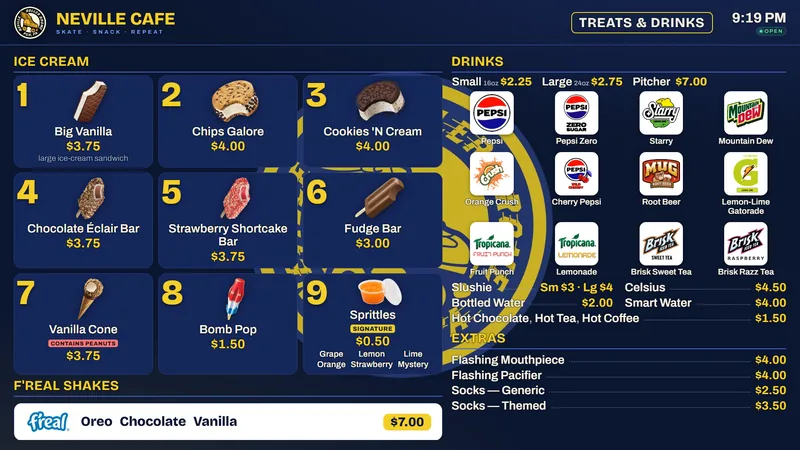 Menu board on the rink's own logo background