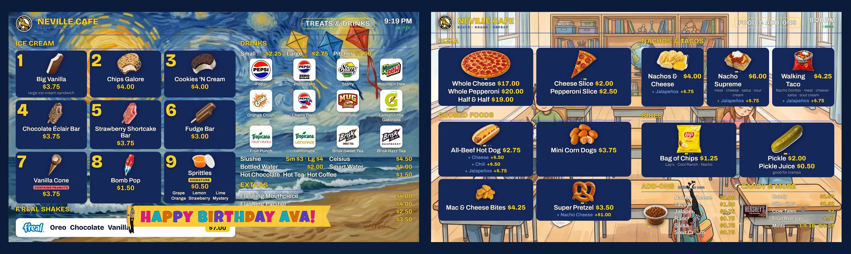 Both menu board screens side by side at Neville Roller Drome, one on a Van Gogh background, one on a classroom background, with a birthday banner running