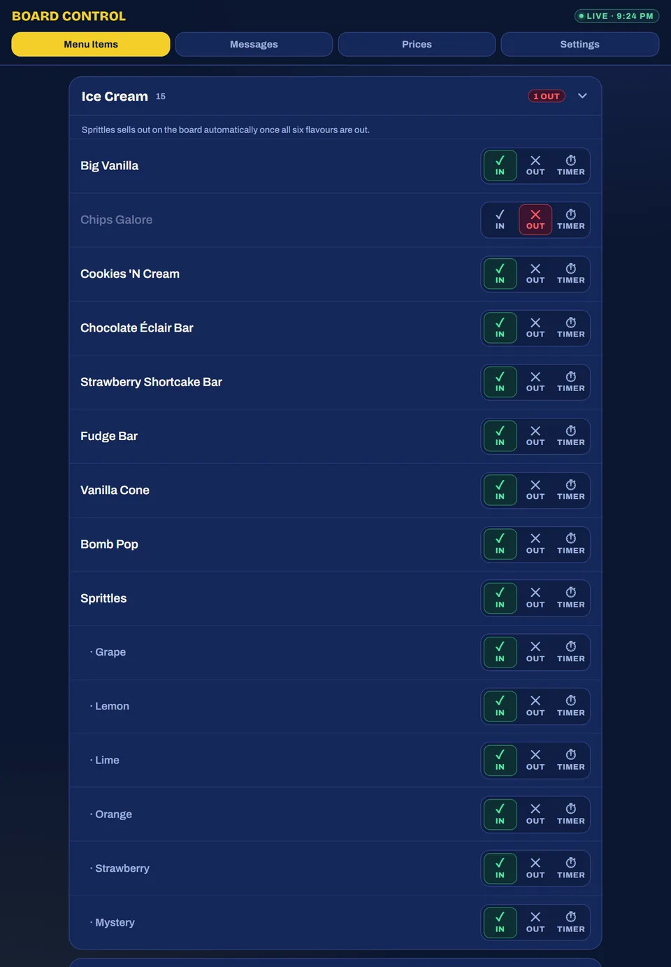The board control dashboard, with IN, OUT and TIMER buttons beside every menu item