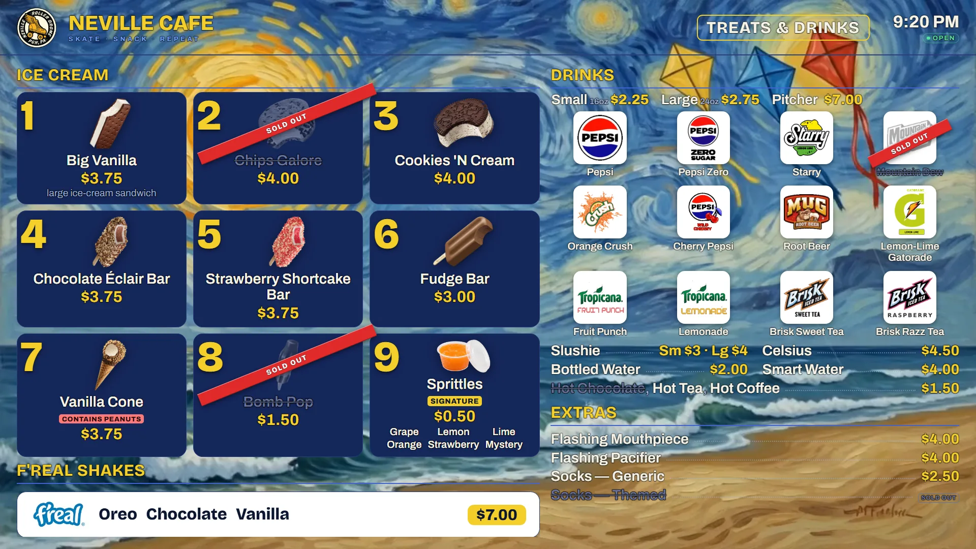 A menu board with red SOLD OUT sashes struck across two ice cream items and a drink