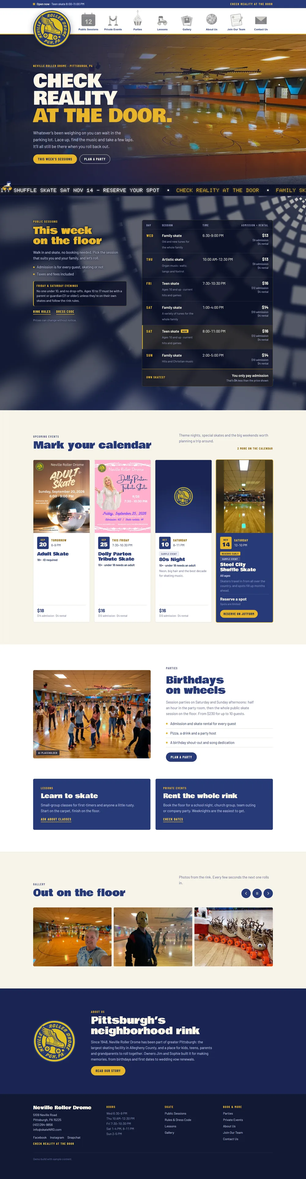 The full Neville Roller Drome homepage on desktop