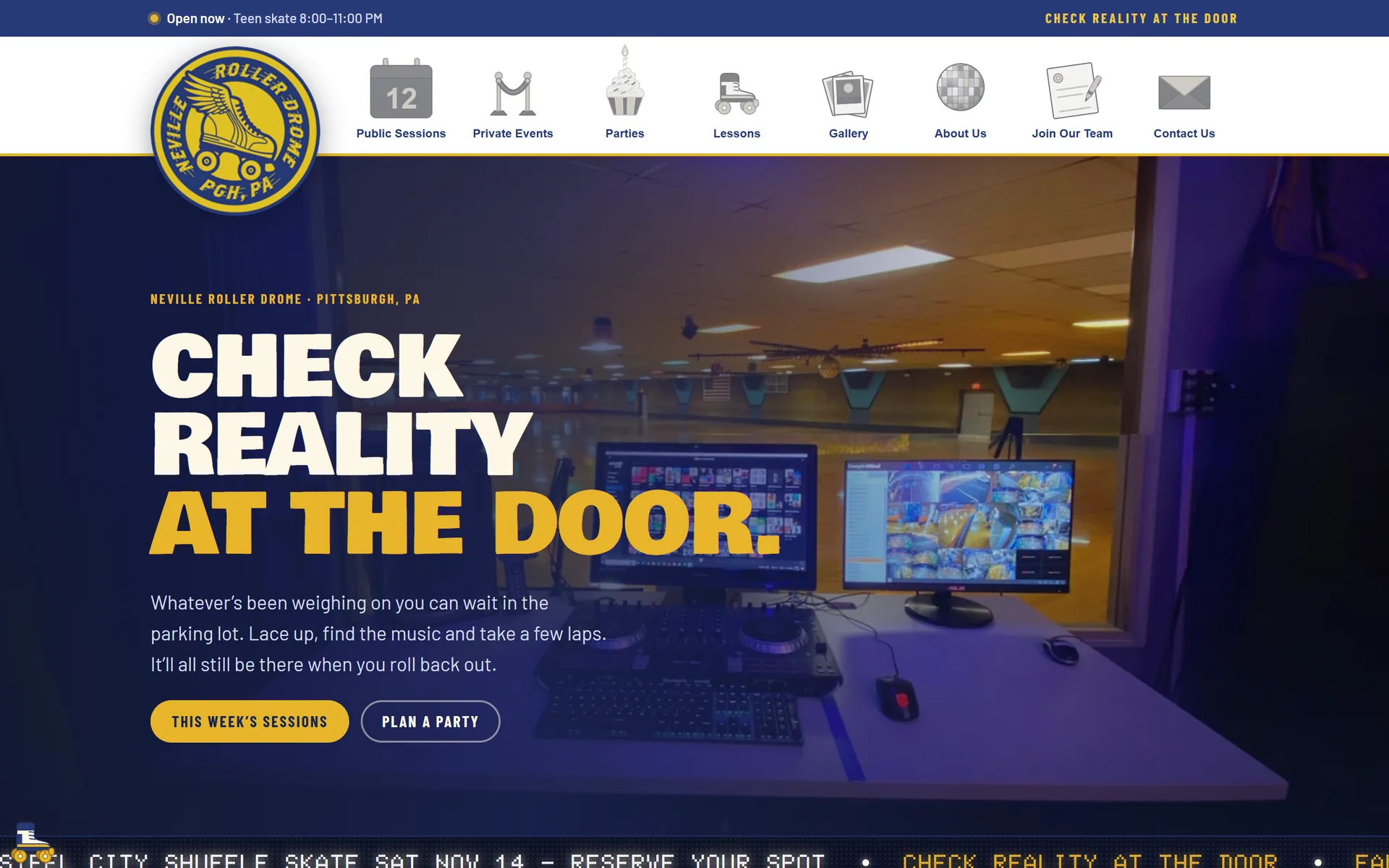 The Neville Roller Drome homepage hero, with a live session status bar and illustrated icon navigation
