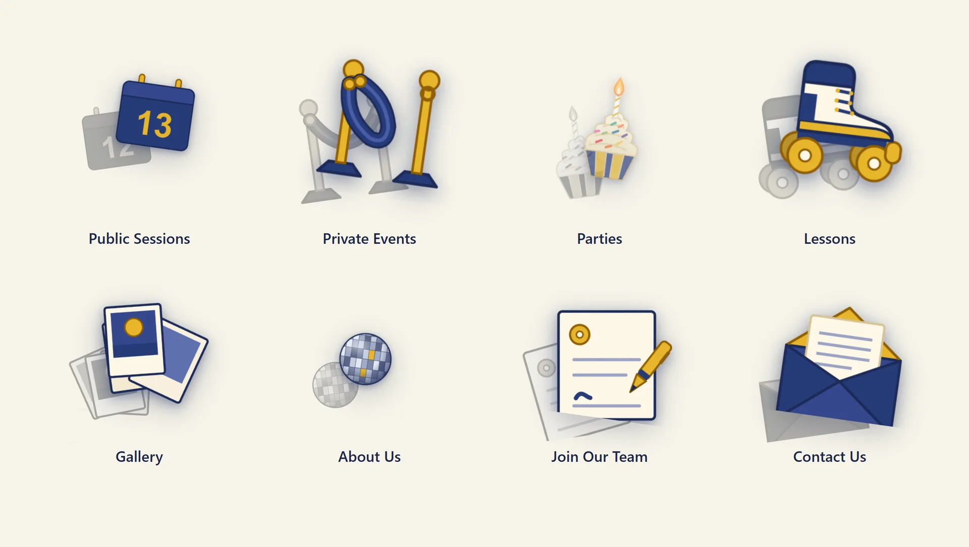 Eight custom illustrated icons: public sessions, private events, parties, lessons, gallery, about, join our team and contact